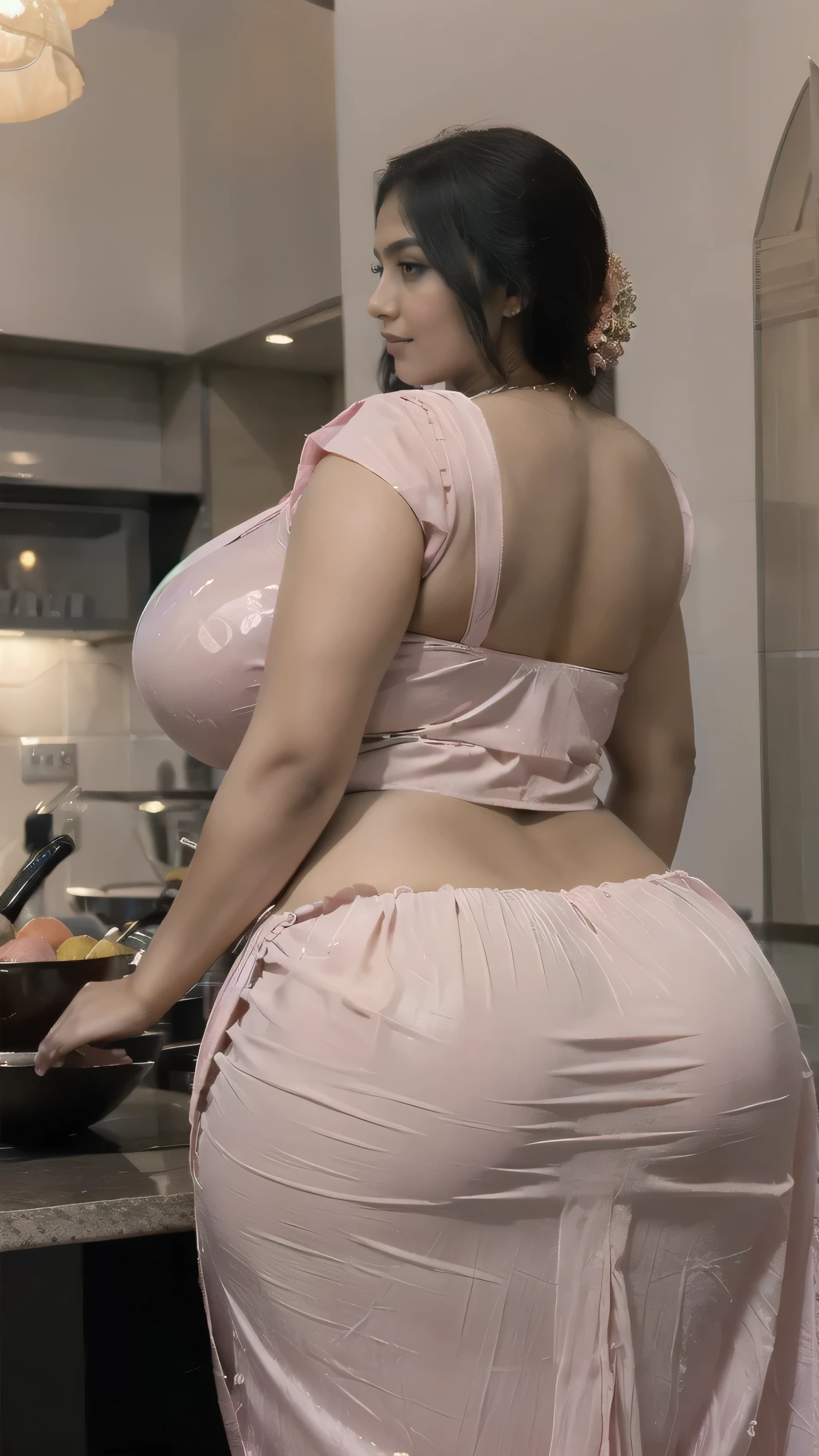 POV from behind Attractive dressing Beautiful long hairs perfect facial features of Women reading a comic while standing in kitchen looks like gorgeous wife giving a doggy pose wearing wet pink saree with blouse, ((with big body curves, attractive saree clothing,bouncy breasts:2.4 thin waist,big wide hips , but gigantic thighs)) wearing silk pink saree blouse Added dupatta blouse