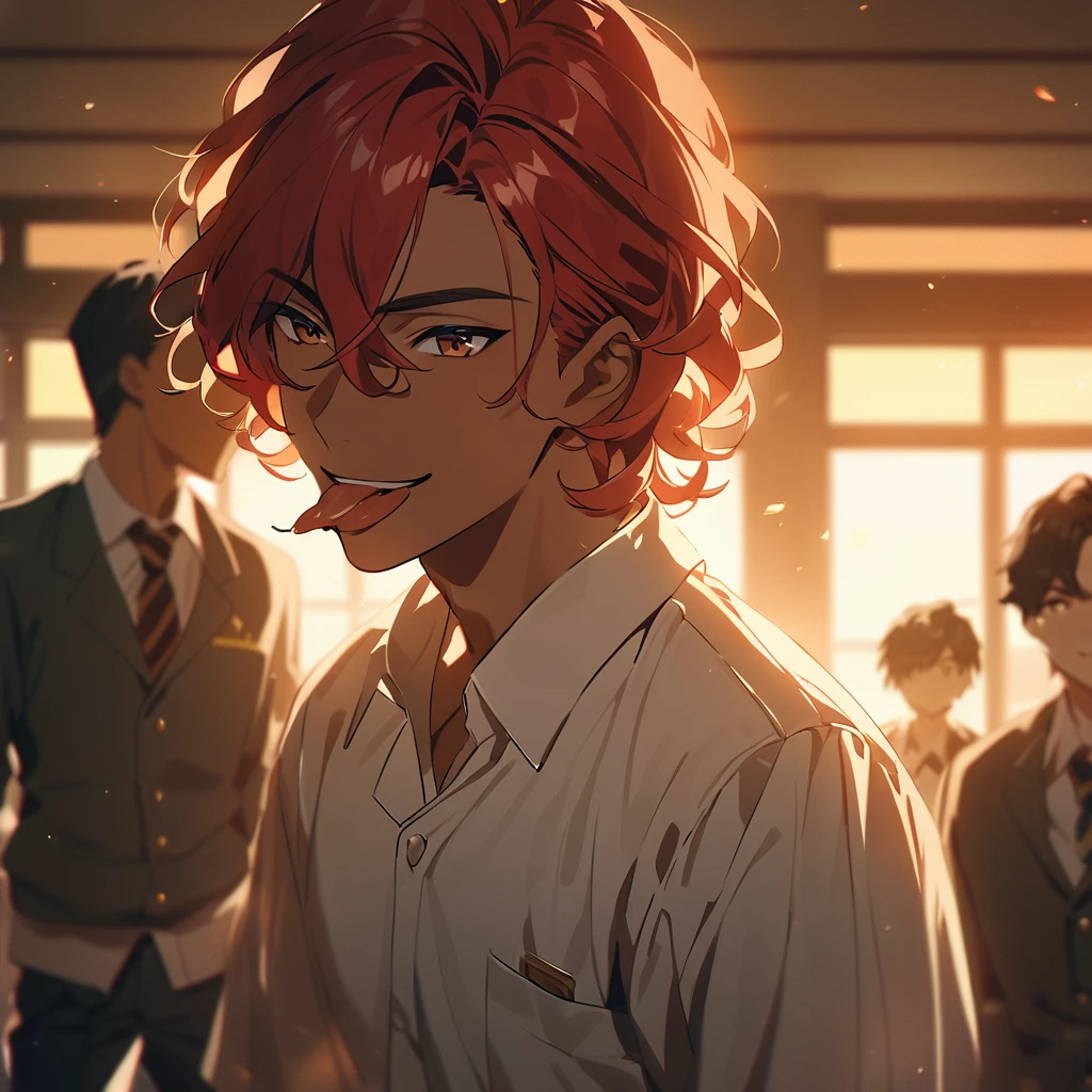  From front, handsome anime male, dark skin, red hair, wavy hair, short hair, Indonesia highschool Uniform, On school, Warm lighting, Dramatic lighting, Cinematic, 4K quality, Beautiful scenery, smile expression, stick out her tongue