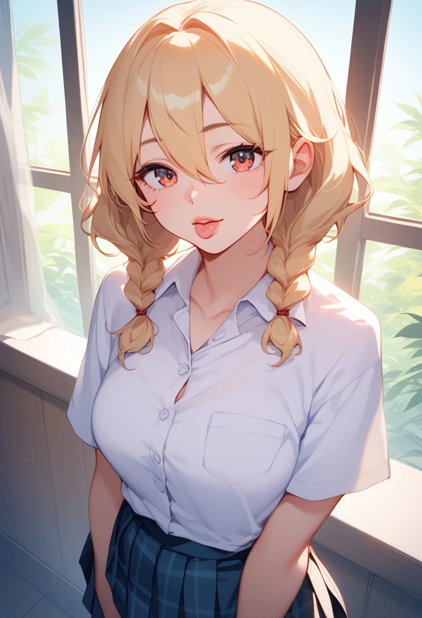  a girl,   natural lighting  , work of art, highy detailed, Illustration,   Game CG  ,  absurdities ,   high quality ,  beautiful and detailed eyes ,   bright lips  ,   natural lighting  ,  big , Blonde hair, low twintails, short braids ,   Hair between the eyes, Catalyst Idol  , aaah-iori,   short hair, standing, bothered, school, white shirt,   pleated plaid mini   (  ,  taking off your panties  )    short hair  ,   tongue out red face  , 