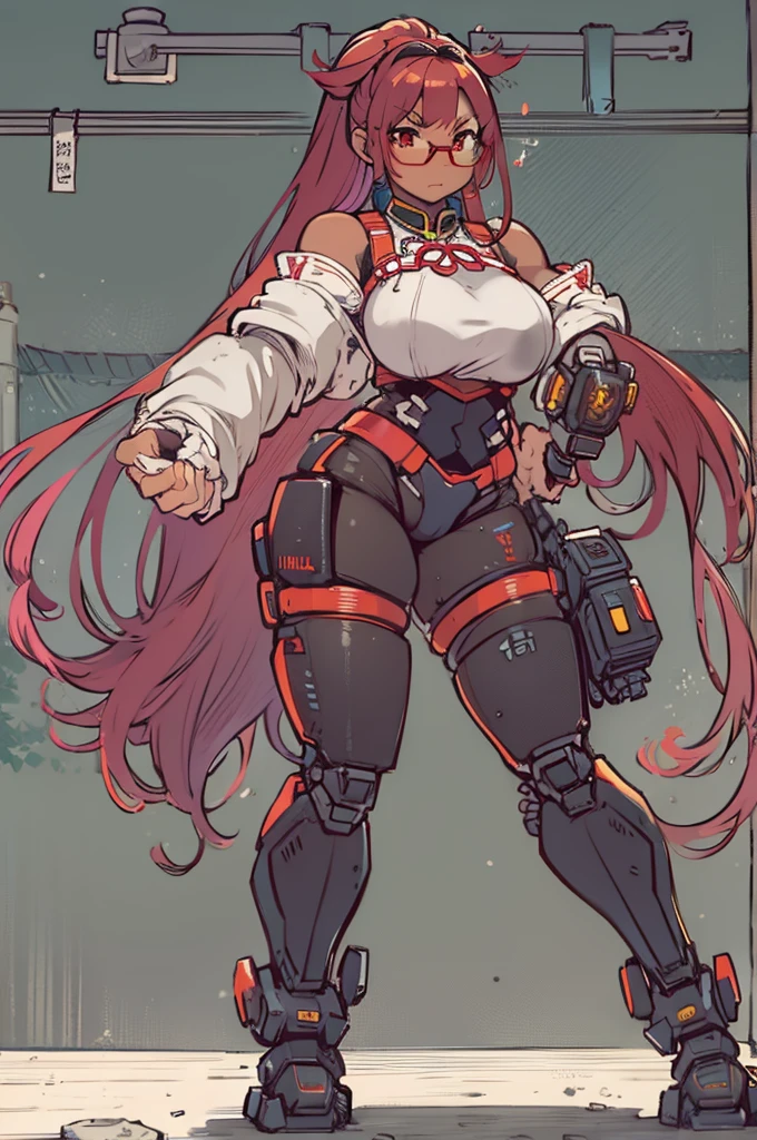 (house wife), (Cute), ((large round glasses)), (((dark skin))), ((Red Hair)), Very long hair, ((ponytail)), blunt bangs, hair ribbon, light red eyes, (((bondage))), gigantic breasts, large areolae, ((erect nipples)), (((mecha))), (clothed), Heavy Armor, miniskirt, yellow jacket, (bare shoulders), Collar, gigantic red bowtie, (sweat), (cyberpunk), (((full body))), outstretched arms, standing, 