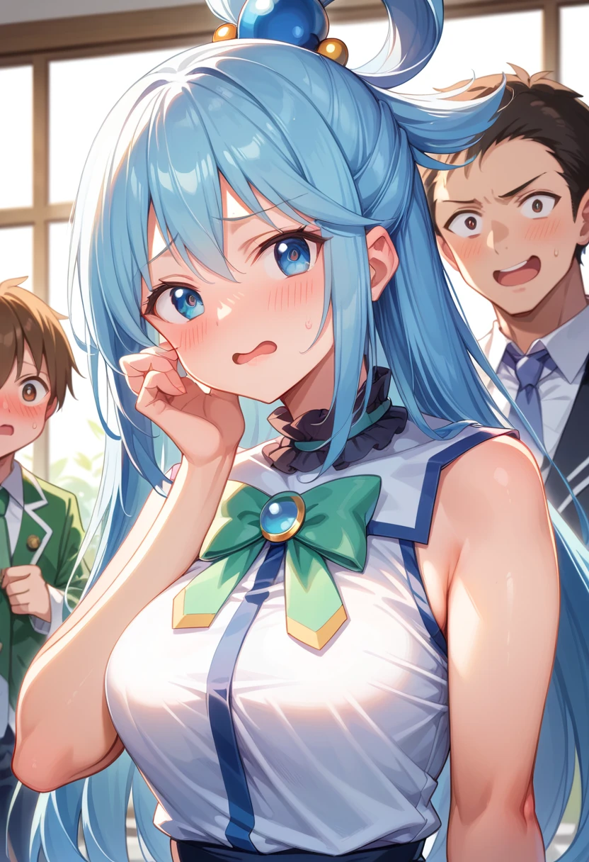 {{{masterpiece}}}, {{{best quality}}}, {{ultra-detailed}}, {illustration}, {{an extremely delicate and beautiful}}, aqua (Aqua) - KonoSuba: God's Blessing on This Wonderful World! 1 Teacher Man 　50old、Cuckold,kissing her face、 Excited、embarrassed　 embarrassed expression、Cuckold