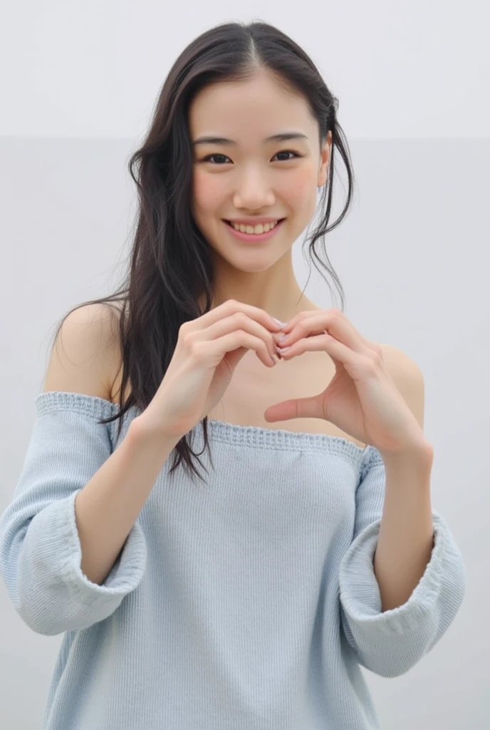 Only one woman with a cute smile is in a pose wearing off-shoulder pajamas, making a firm big heart shape with both hands, and holding them in front of her chest, View above collarbone、The background is a monotone 

