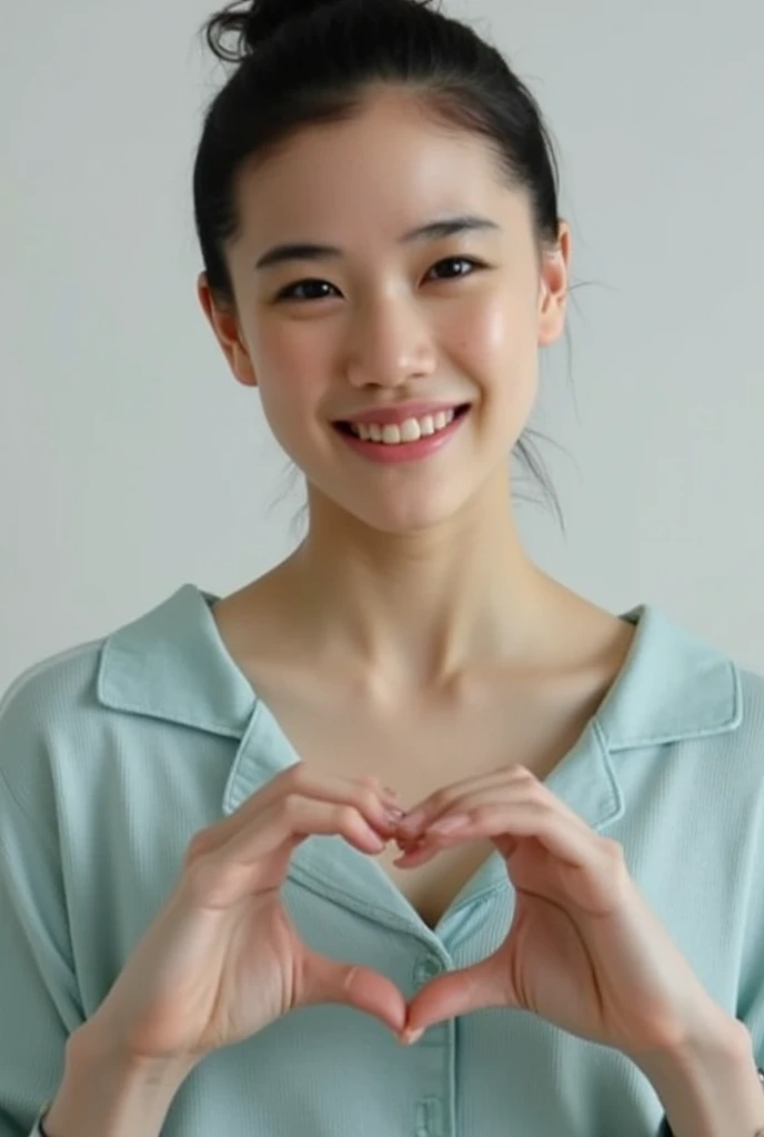 Only one woman with a cute smile is in a pose wearing off-shoulder pajamas, making a firm big heart shape with both hands, and holding them in front of her chest, View above collarbone、The background is a monotone 

