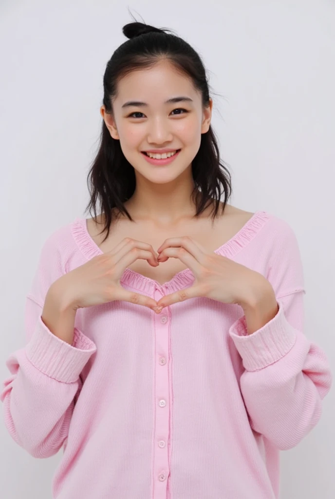 Only one woman with a cute smile is in a pose wearing off-shoulder pajamas, making a firm big heart shape with both hands, and holding them in front of her chest, View above collarbone、The background is a monotone 

