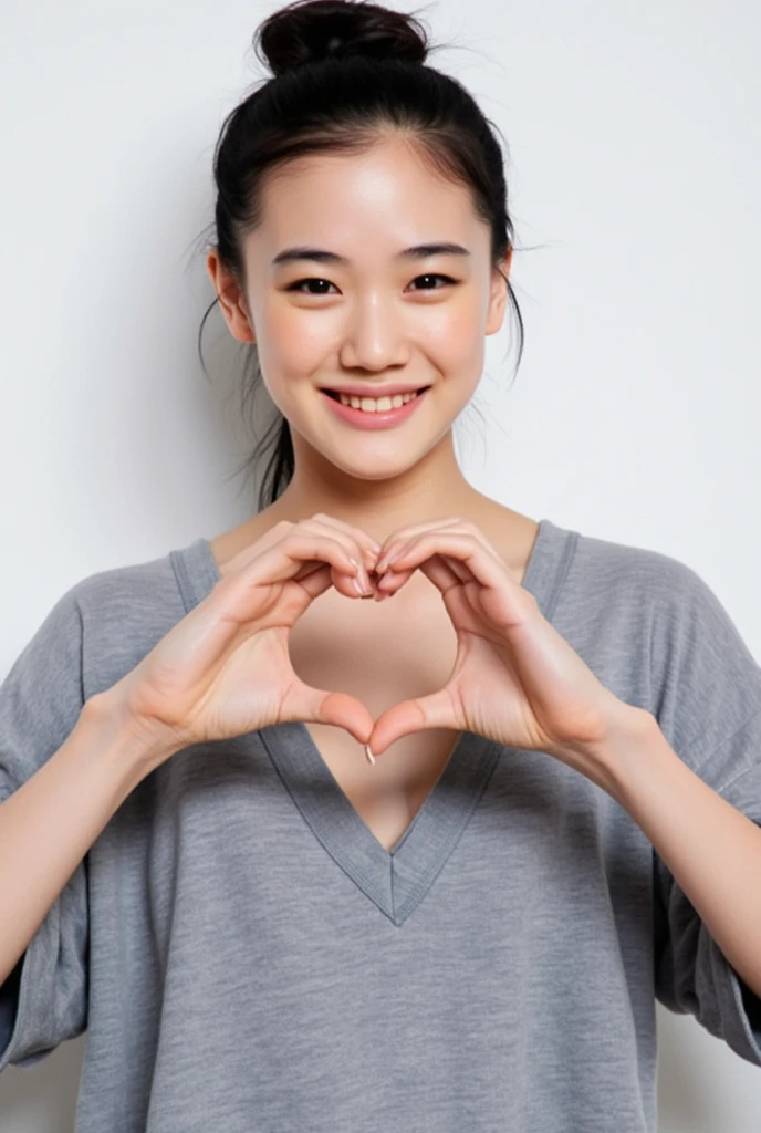 Only one woman with a cute smile is in a pose wearing off-shoulder pajamas, making a firm big heart shape with both hands, and holding them in front of her chest, View above collarbone、The background is a monotone 

