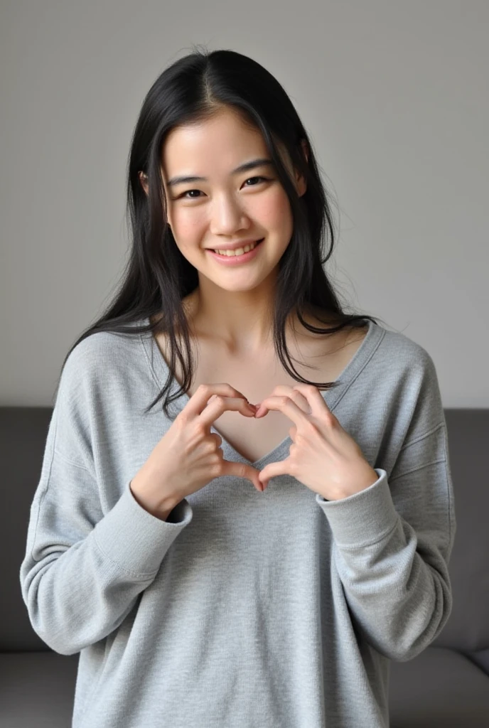 Only one woman with a cute smile is in a pose wearing off-shoulder pajamas, making a firm big heart shape with both hands, and holding them in front of her chest, View above collarbone、The background is a monotone 

