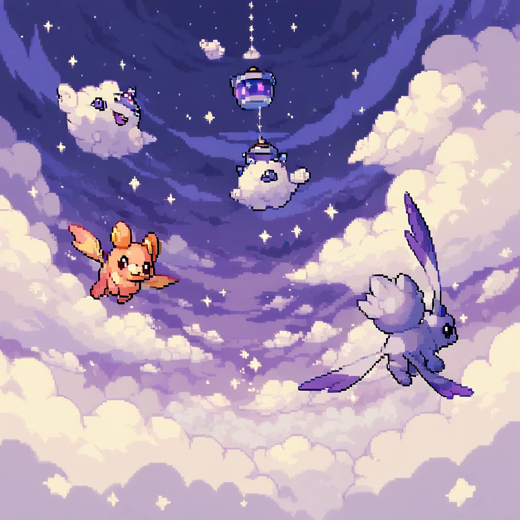 Pokemon, creature, pixel style, white background, sprite, hoopa, golden rings, ((tadpole)), floating, flying, purple theme, grey theme, starry theme, creature, ((clouds, mist))