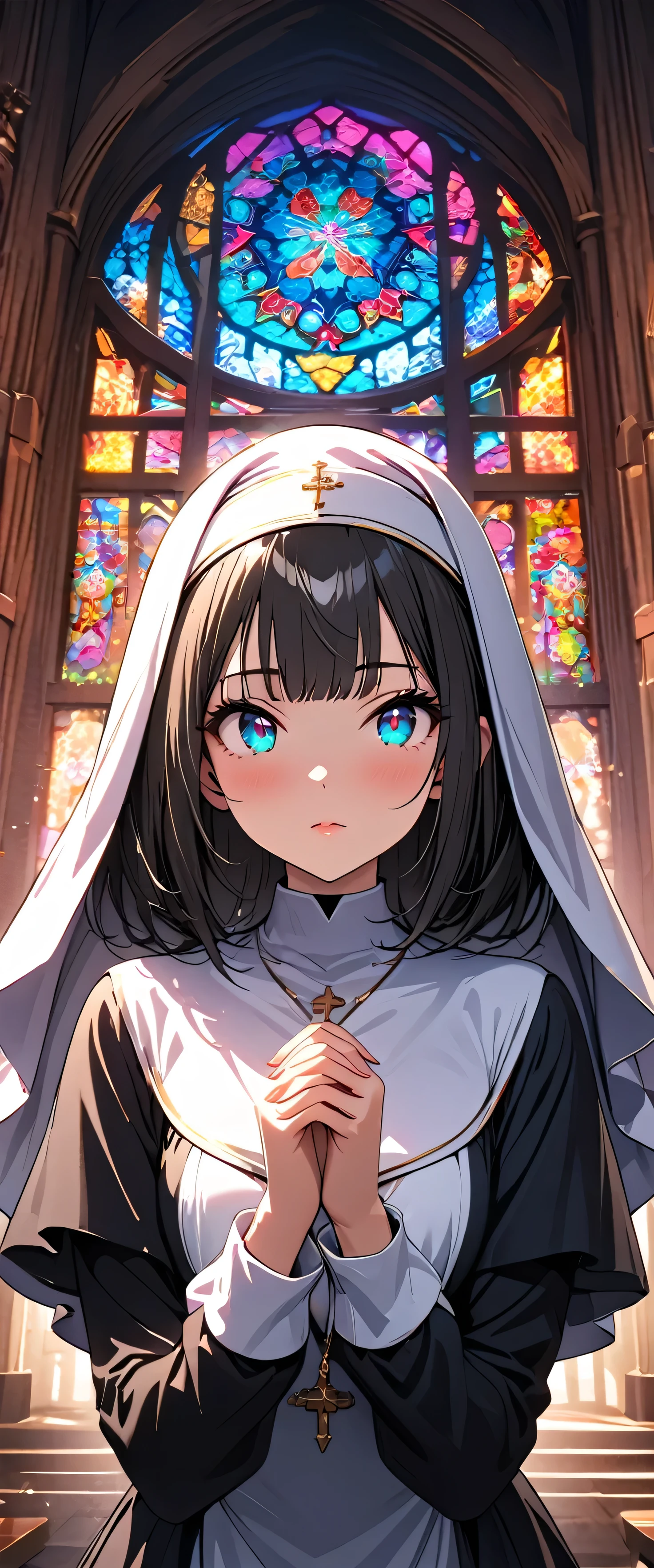 (nun:1.5),(beautiful girl:1.3),1girl,masterpiece,Highest quality,Ultra-high resolution,  rich contrast  ,super high quality,8k,Highly detailed CG unit wallpaper,texture,Incredibly absurd,Ultra-high resolution,Highest quality anime,professional photograph,an extremely delicate and beautiful,RAW Photos,Depth of Field 1.2,ultra-detailed eyes,Glowing Skin,Beautiful glossy lips,monastery,Prayer,Prayer to the Cross,looking pleasured,(Black Hair, bob cut , with bangs), Stained Glass,Faint Light,(magnificent panorama view:1.3), closed mouth