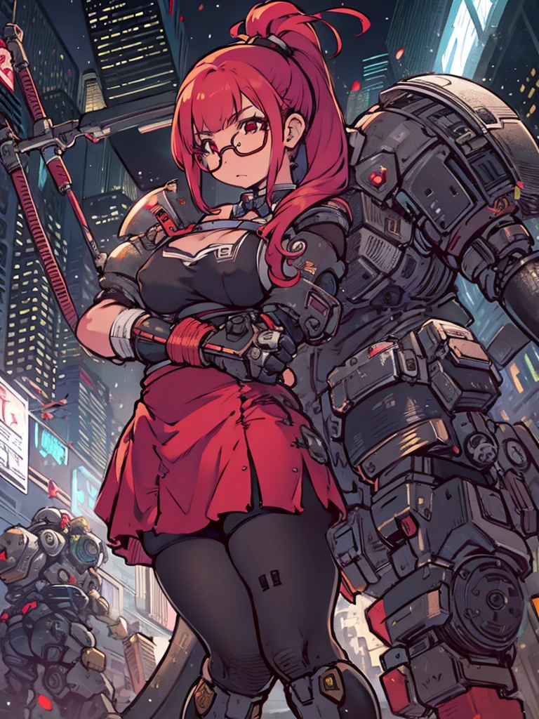 (house wife), (Cute), ((large round glasses)), (((dark skin))), ((Red Hair)), Very long hair, ((ponytail)), blunt bangs, hair ribbon, light red eyes, (((bondage))), gigantic breasts, large areolae, ((erect nipples)), (((mecha))), (clothed), Heavy Armor, miniskirt, yellow jacket, (bare shoulders), Collar, gigantic red bowtie, (sweat), (cyberpunk), (((full body))), outstretched arms, standing, 