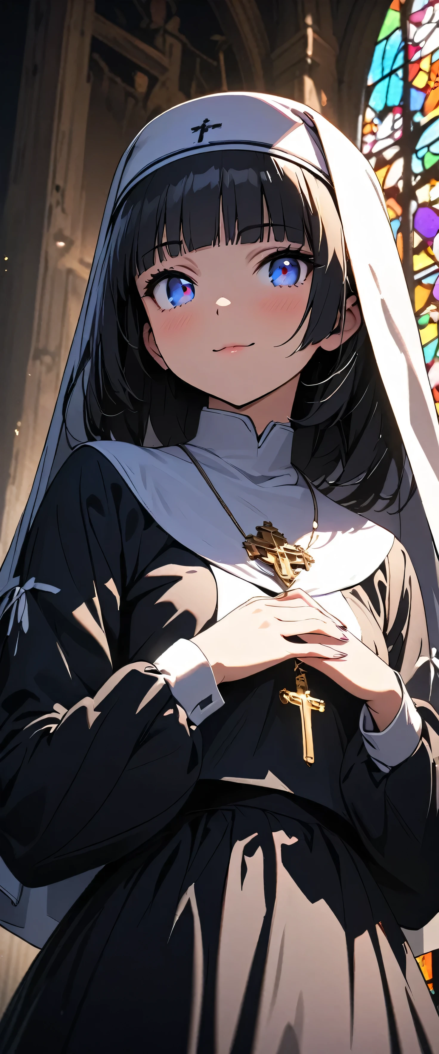 (nun:1.5),(beautiful girl:1.3),1girl,masterpiece,Highest quality,Ultra-high resolution, rich contrast ,super high quality,8k,Highly detailed CG unit wallpaper,texture,Incredibly absurd,Ultra-high resolution,Highest quality anime,professional photograph,an extremely delicate and beautiful,RAW Photos,Depth of Field 1.2,ultra-detailed eyes,Glowing Skin,Beautiful glossy lips,monastery,Prayer,cross,Prayer,(Black Hair, bob cut , with bangs), Stained Glass,Faint Light,gokou ruri,light smile,closed mouth