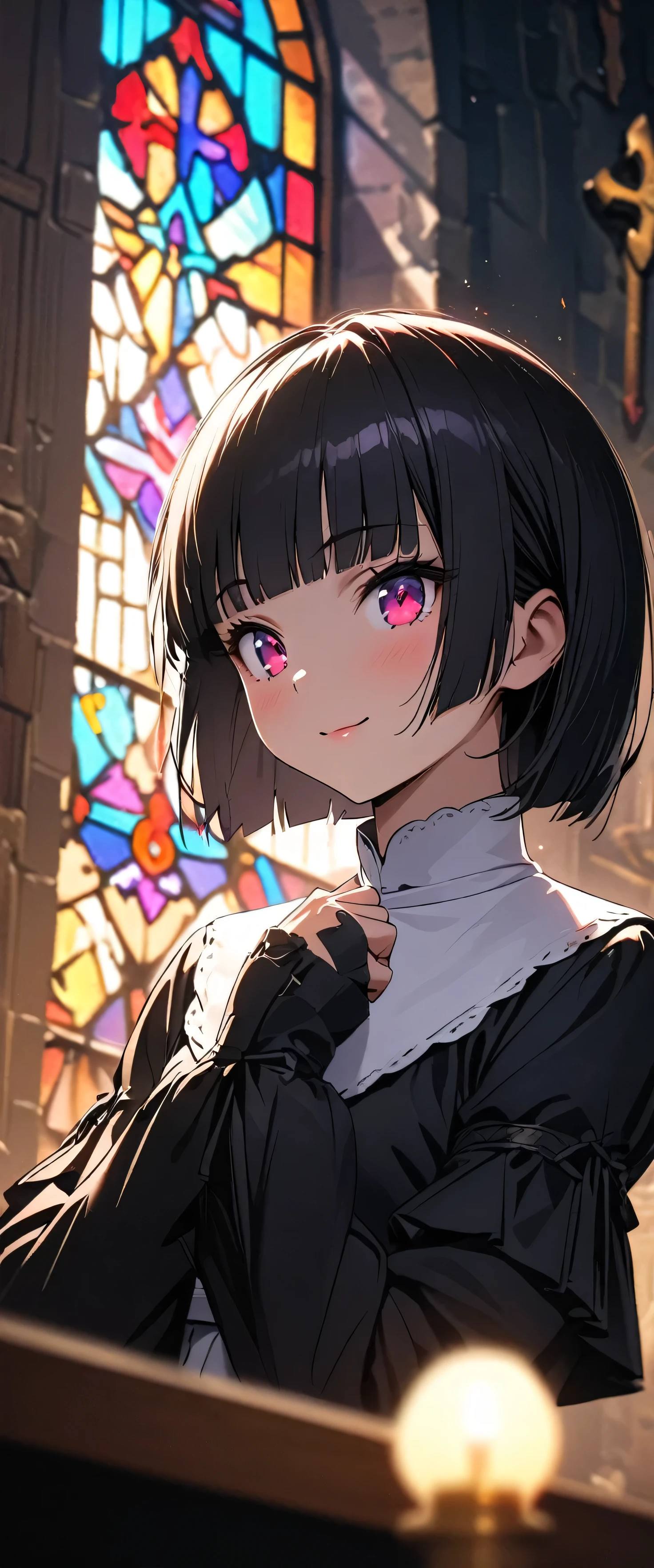 (nun:1.5),(beautiful girl:1.3),1girl,masterpiece,Highest quality,Ultra-high resolution, rich contrast ,super high quality,8k,Highly detailed CG unit wallpaper,texture,Incredibly absurd,Ultra-high resolution,Highest quality anime,professional photograph,an extremely delicate and beautiful,RAW Photos,Depth of Field 1.2,ultra-detailed eyes,Glowing Skin,Beautiful glossy lips,monastery,Prayer,cross,Prayer,(Black Hair, bob cut , with bangs), Stained Glass,Faint Light,gokou ruri,light smile,closed mouth