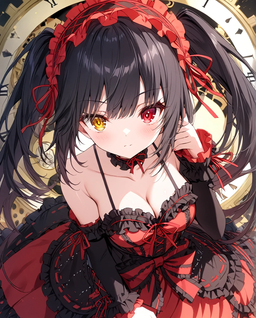 1girl,face,eye focus,tokisakikurumi,twintails,breasts,long_hair,black_hair,yellow_eyes,red_eyes,heterochromia,((clock_eyes)),looking_at_viewer,cleavage,medium_breasts,hairband,lolita_fashion,lolita_hairband,floating_hair,collarbone,choker,ribbon,bare_shoulders,red_ribbon, dress,masterpiece,best quality,detailed beautiful eye