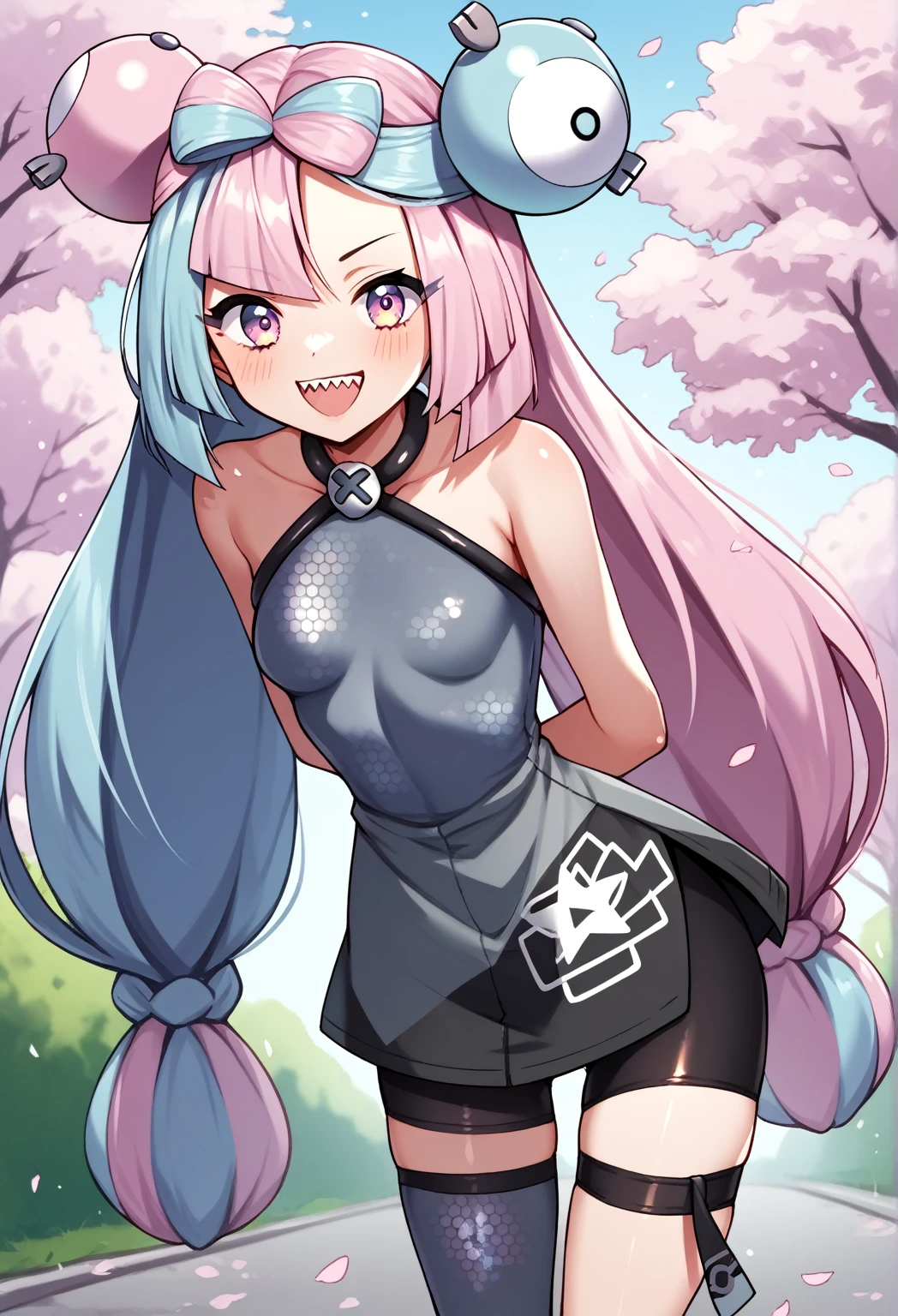 BREAK Those_Anime-Series, (pokemon iono, blue hair, bow-shaped hair, character hair ornament, hair ornament, long hair, low-tied long hair, multicolored hair, pink hair, sharp teeth, split-color hair, twintails, two-tone hair, pink eyes, , small breasts, halterneck, grey dress, sleeveless, bare arms, bike shorts, shorts under dress, thigh strap, single leg pantyhose, grey pantyhose,  arms behind back, leaning forward, standing, outdoors, open mouth, cherry blossoms, smile, park, road,