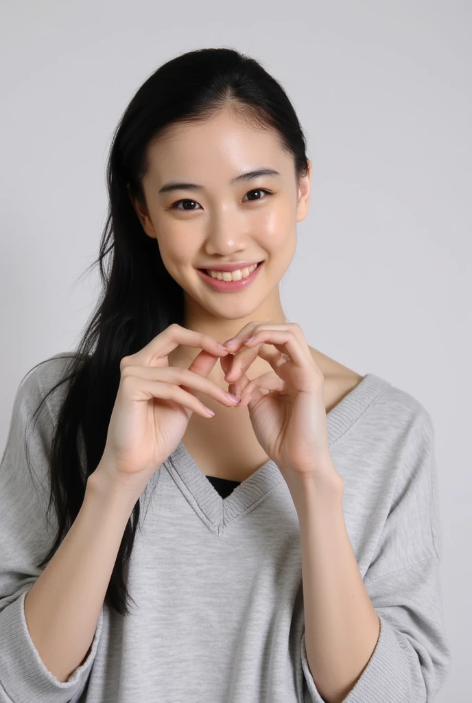 Only one woman with a cute smile is in a pose wearing off-shoulder pajamas, making a firm big heart shape with both hands, and holding them in front of her chest, View above collarbone、The background is a monotone 

