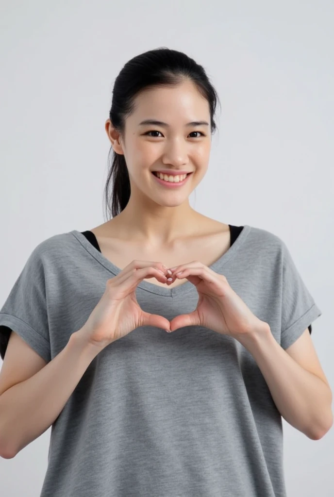 Only one woman with a cute smile is in a pose wearing off-shoulder pajamas, making a firm big heart shape with both hands, and holding them in front of her chest, View above collarbone、The background is a monotone 

