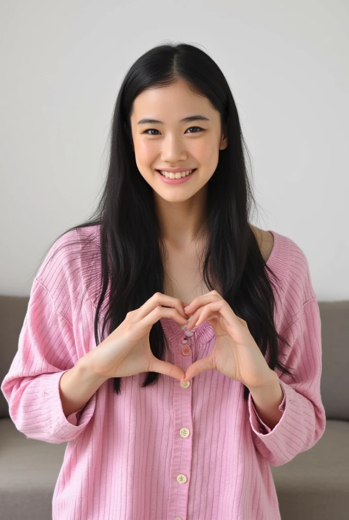 Only one woman with a cute smile is in a pose wearing off-shoulder pajamas, making a firm big heart shape with both hands, and holding them in front of her chest, View above collarbone、The background is a monotone 

