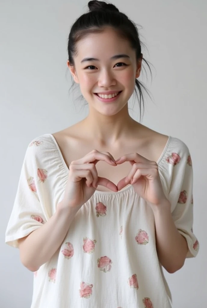 Only one woman with a cute smile is in a pose wearing off-shoulder pajamas, making a firm big heart shape with both hands, and holding them in front of her chest, View above collarbone、The background is a monotone 

