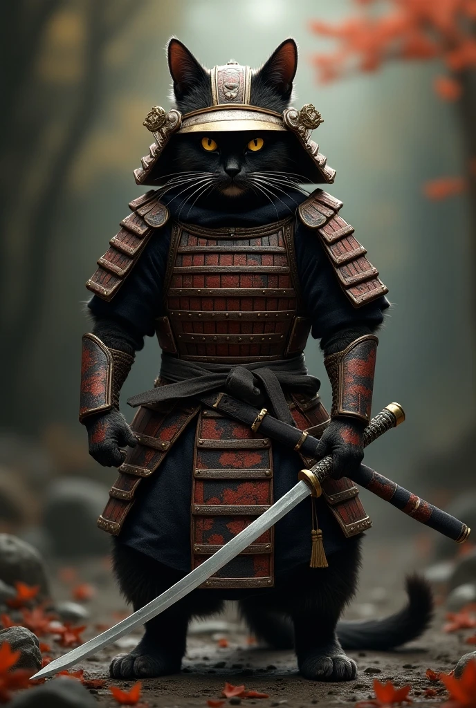 A cat wearing a Japanese armor helmet