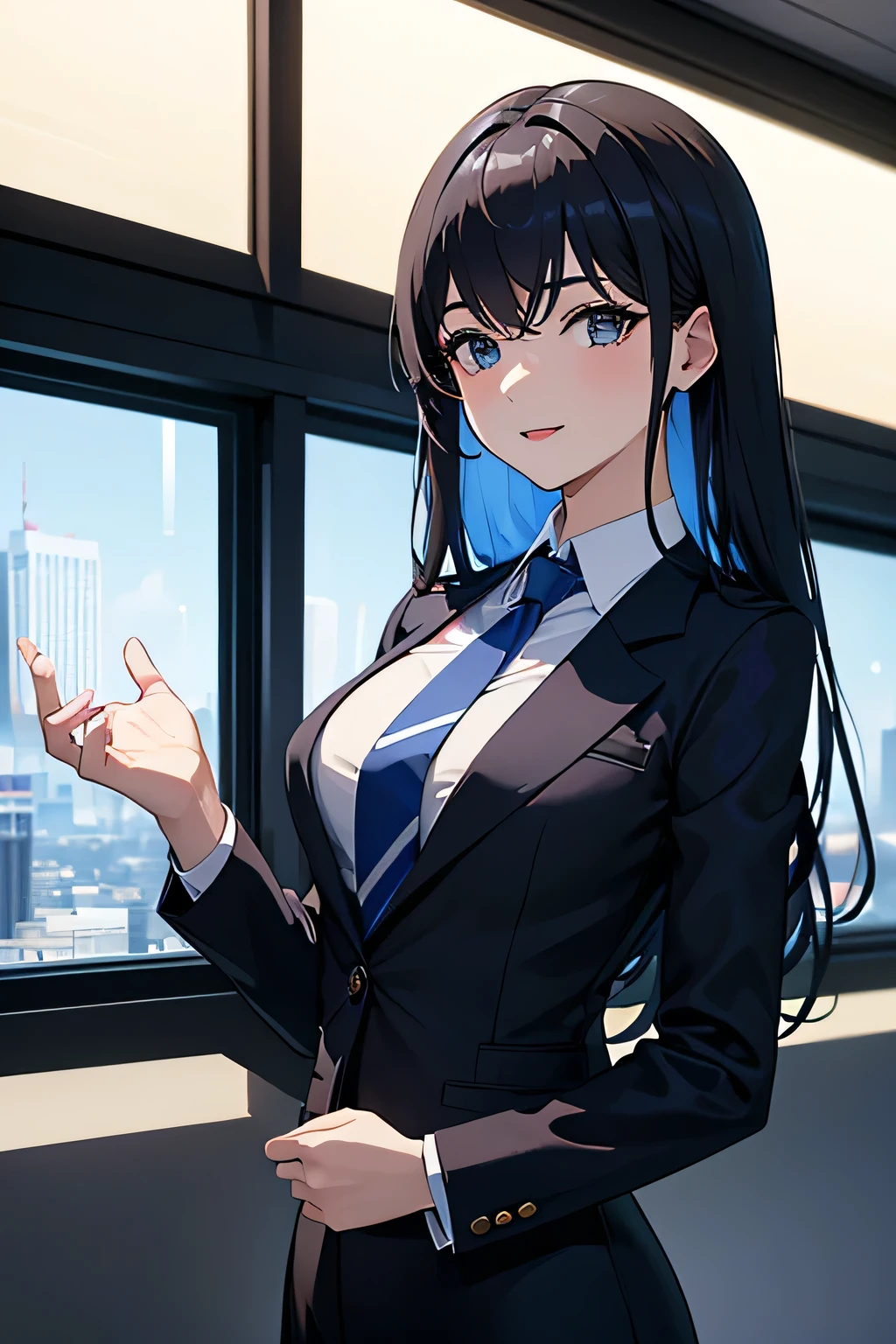 "Create an image of an anime-style young woman dressed as a professional news presenter. She has a confident smile and expressive eyes, wearing a tailored suit jacket and blouse in shades of blue and white. Her hair is styled neatly, with shoulder-length soft waves. The background features a modern, high-tech news studio with screens displaying abstract graphics and a cityscape visible through large glass windows. The lighting is bright and professional, casting a soft glow that enhances her poised appearance, full upper body 