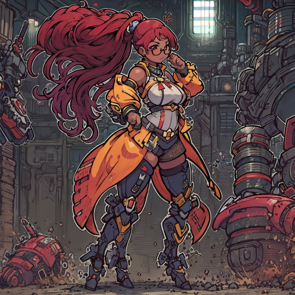 (house wife), (Cute), ((large round glasses)), (((dark skin))), ((Red Hair)), Very long hair, ((ponytail)), blunt bangs, hair ribbon, light red eyes, (((bondage))), gigantic breasts, large areolae, ((erect nipples)), (((mecha))), (clothed), Heavy Armor, miniskirt, yellow jacket, (bare shoulders), Collar, gigantic red bowtie, (sweat), (cyberpunk), (((full body))), outstretched arms, standing, chibi, 