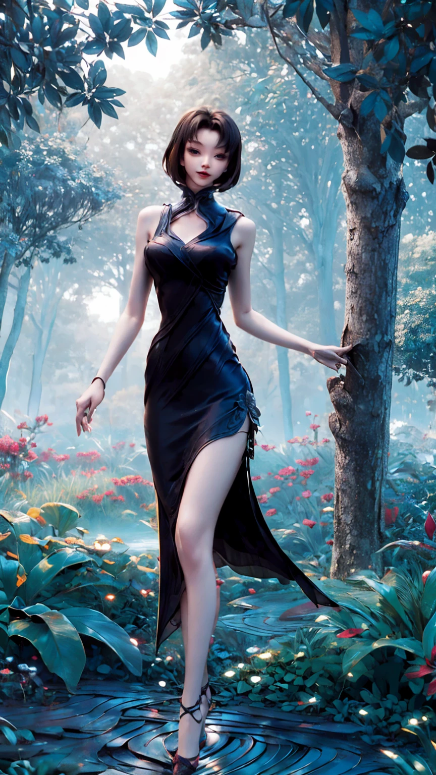 short hair, thin build, beautiful face,beautiful body, breasts, waist , top view, against the background, trees, and forest ,beautiful figure, perfect body, legs, tight dress