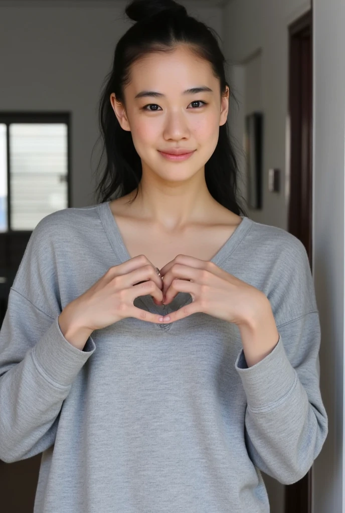 Only one woman with a cute smile is in a pose wearing off-shoulder pajamas, making a firm big heart shape with both hands, and holding them in front of her chest, View above collarbone、The background is a monotone 

