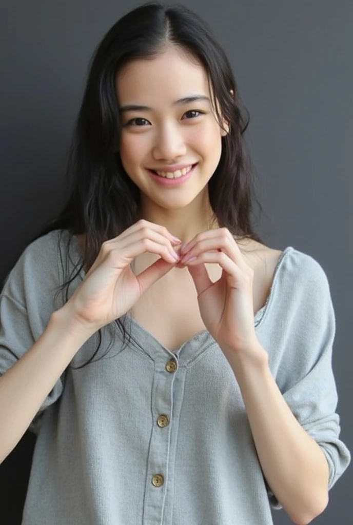 Only one woman with a cute smile is in a pose wearing off-shoulder pajamas, making a firm big heart shape with both hands, and holding them in front of her chest, View above collarbone、The background is a monotone 

