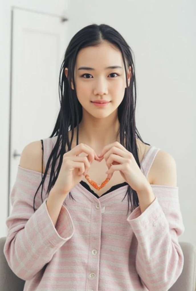 Only one woman with a cute smile is in a pose wearing off-shoulder pajamas, making a firm big heart shape with both hands, and holding them in front of her chest, View above collarbone、The background is a monotone 

