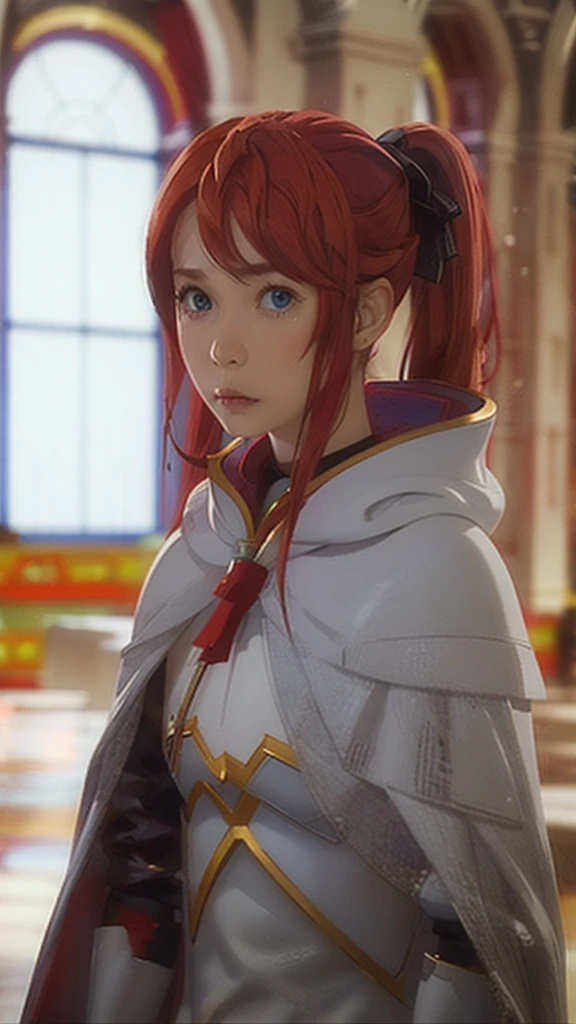 1girl, red hair, blue eyes, white cape, sword, ponytail 