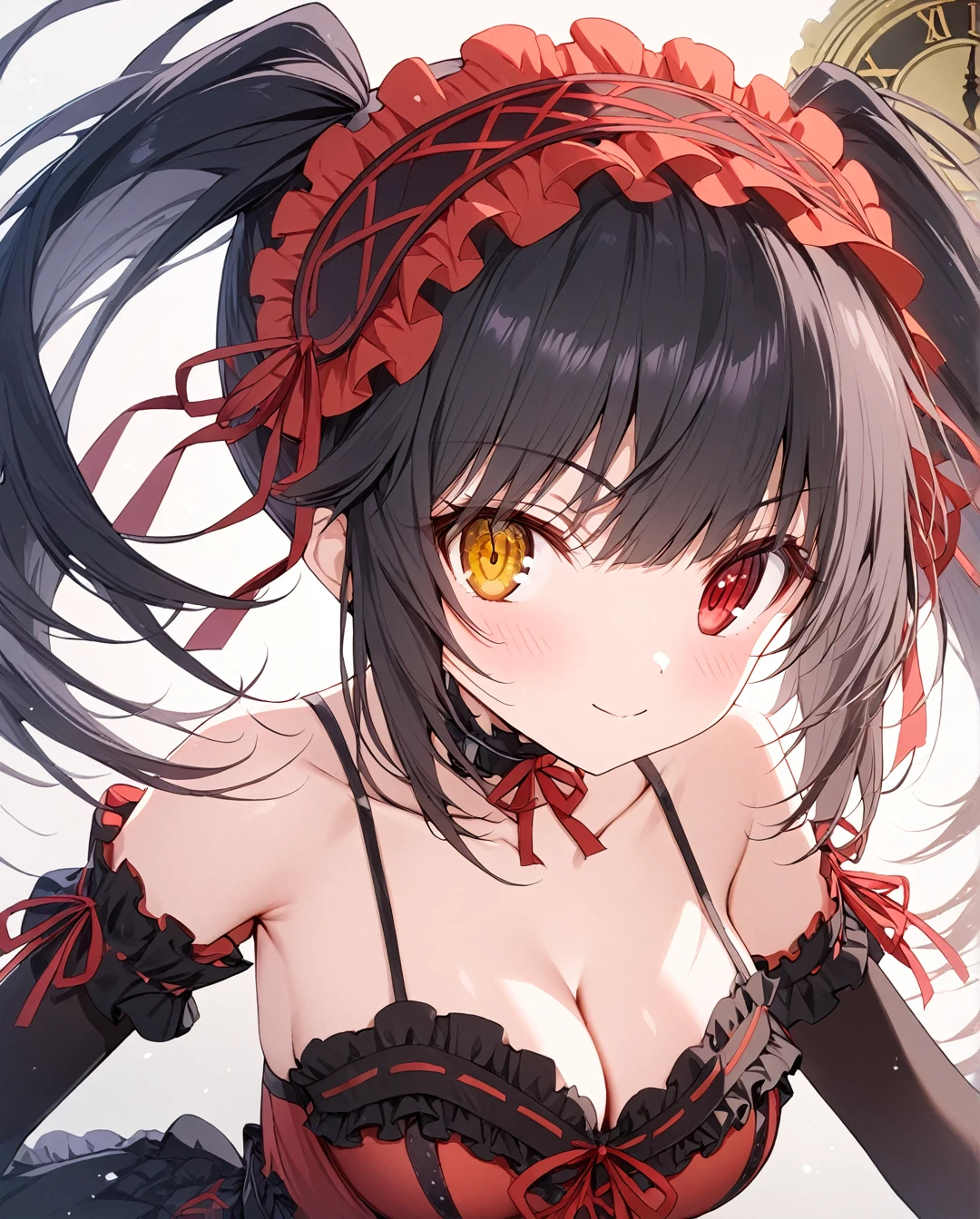 1girl,portrait,eye focus,tokisakikurumi,twintails,breasts,long_hair,black_hair,yellow_eyes,red_eyes,heterochromia,((clock_eyes)),looking_at_viewer,cleavage,medium_breasts,hairband,****ta_fashion,****ta_hairband,floating_hair,collarbone,choker,ribbon,bare_shoulders,red_ribbon, dress,masterpiece,best quality,detailed beautiful eye