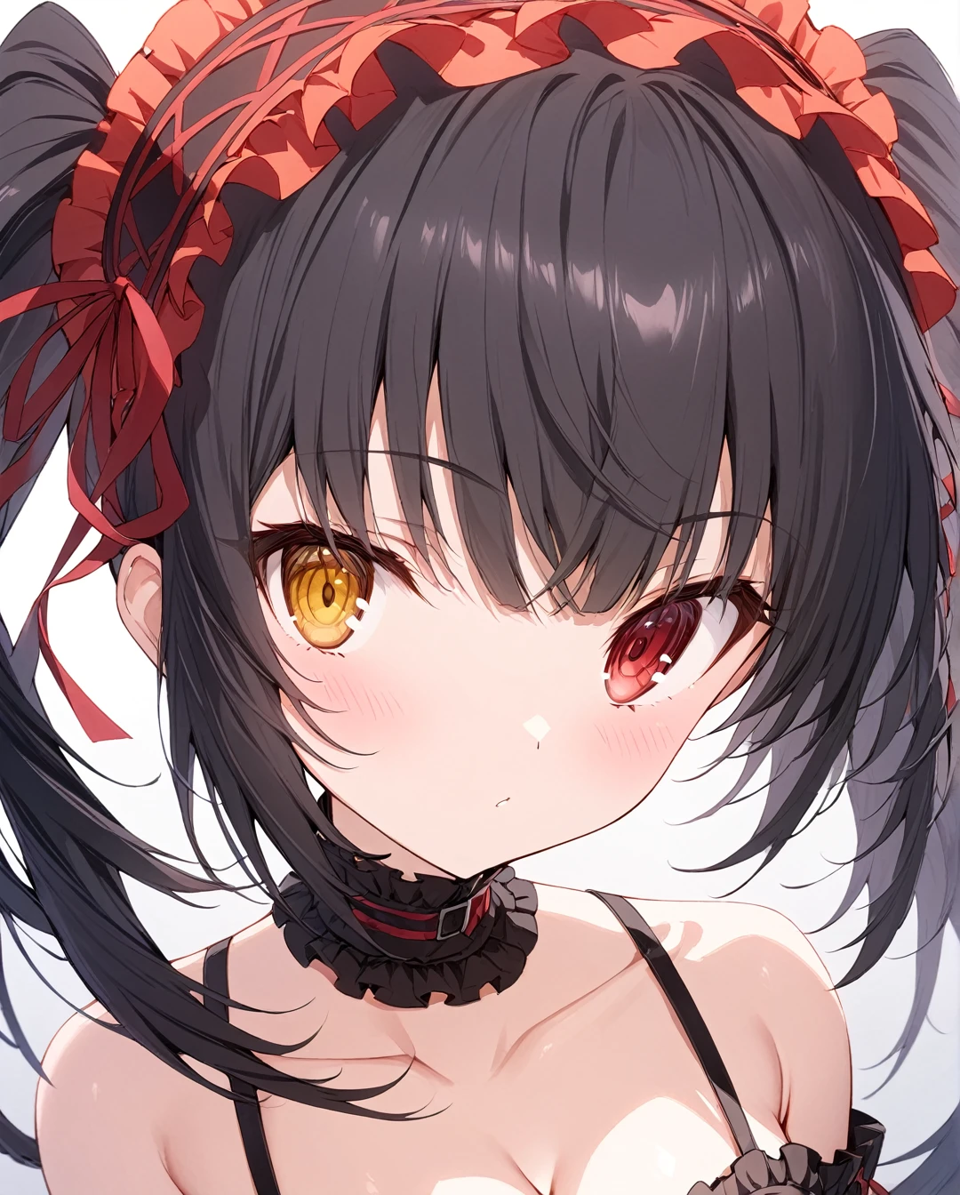 1girl,portrait,eye focus,tokisakikurumi,twintails,breasts,long_hair,black_hair,yellow_eyes,red_eyes,heterochromia,((clock_eyes)),looking_at_viewer,cleavage,medium_breasts,hairband,lolita_fashion,lolita_hairband,floating_hair,collarbone,choker,ribbon,bare_shoulders,red_ribbon, dress,masterpiece,best quality,detailed beautiful eye