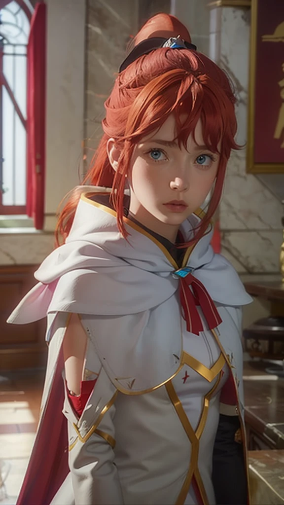 1girl, red hair, blue eyes, white cape, sword, ponytail 