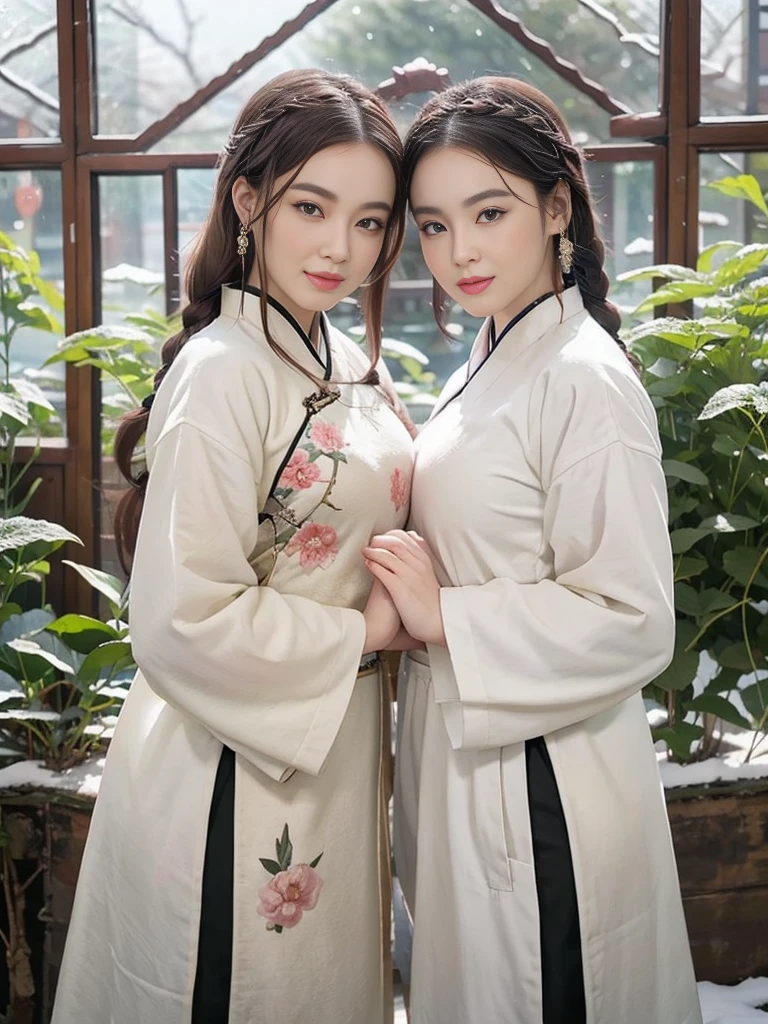 Ancient Chinese beauties with double braids，snow garden,