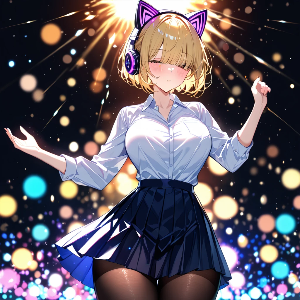 cowgirl shot, hair over eyes, pixie cut, cat ear headphones, cat ears, blushing, blonde hair, large chest, collared shirt, pleated skirt, pantyhose, curvy beauty, power pose, sparkling effects, lens flare, chromatic aberration, bokeh, anime style, nitz, (masterpiece:1.2), (best quality:1.2), (extremely beautiful:1.2), (absurdist:1.2), highly detailed background, state-of-the-art, safe, complex, extremely detailed skin