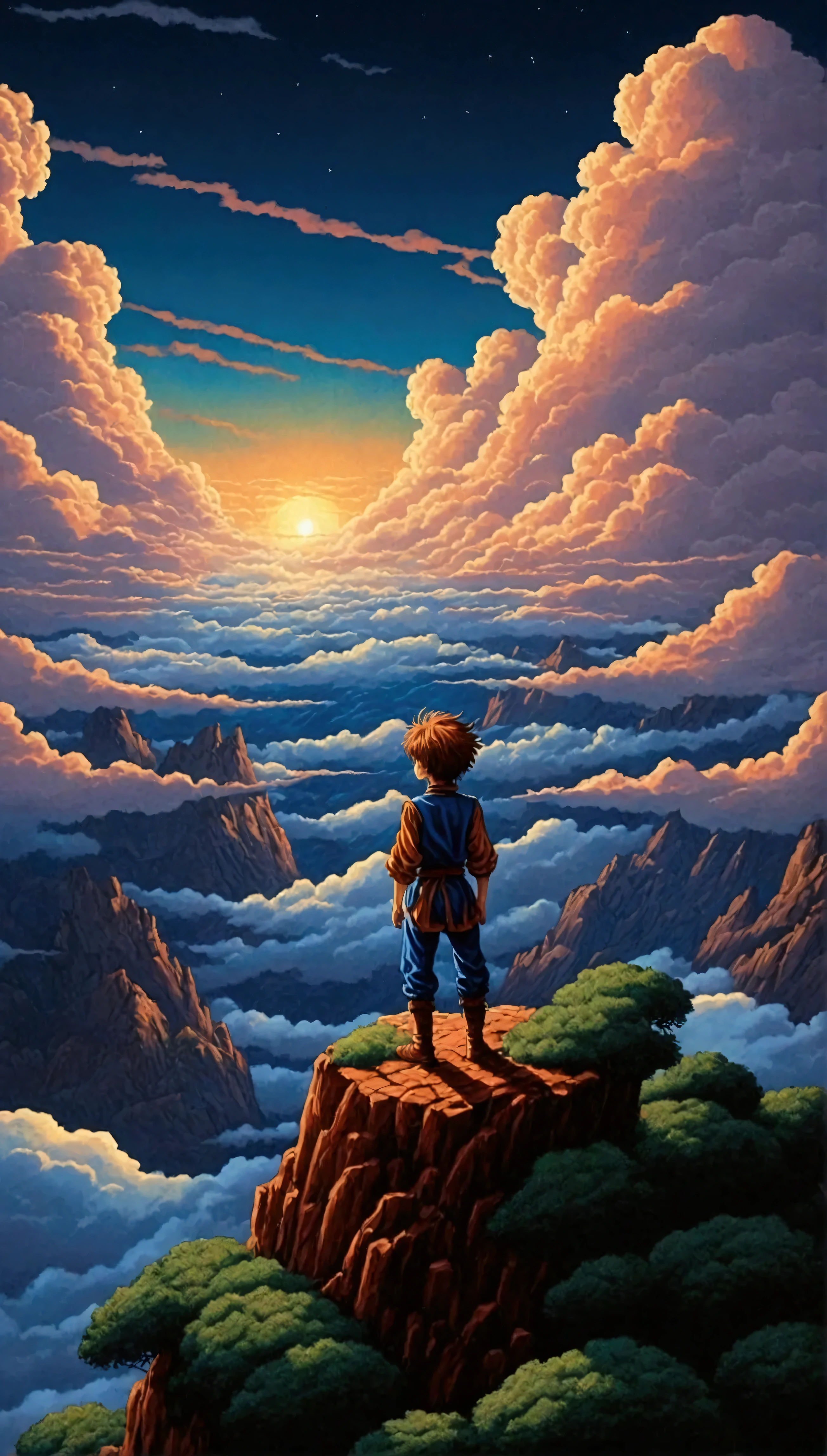 Anime style a painting of a boy on the edge of an abyss!!!     Basto Cielo Solo Clouds!!!, anime landscape, inspired by the Hildebrandt brothers ,  inspired by the Hildebrandt brothers ,  by David B . Mattingly ,!!!!!!! by the Hildebrandt brothers!!!!!!  detailed landscape art , by the Hildebrandt brothers ultra 8k microdetalle 8K