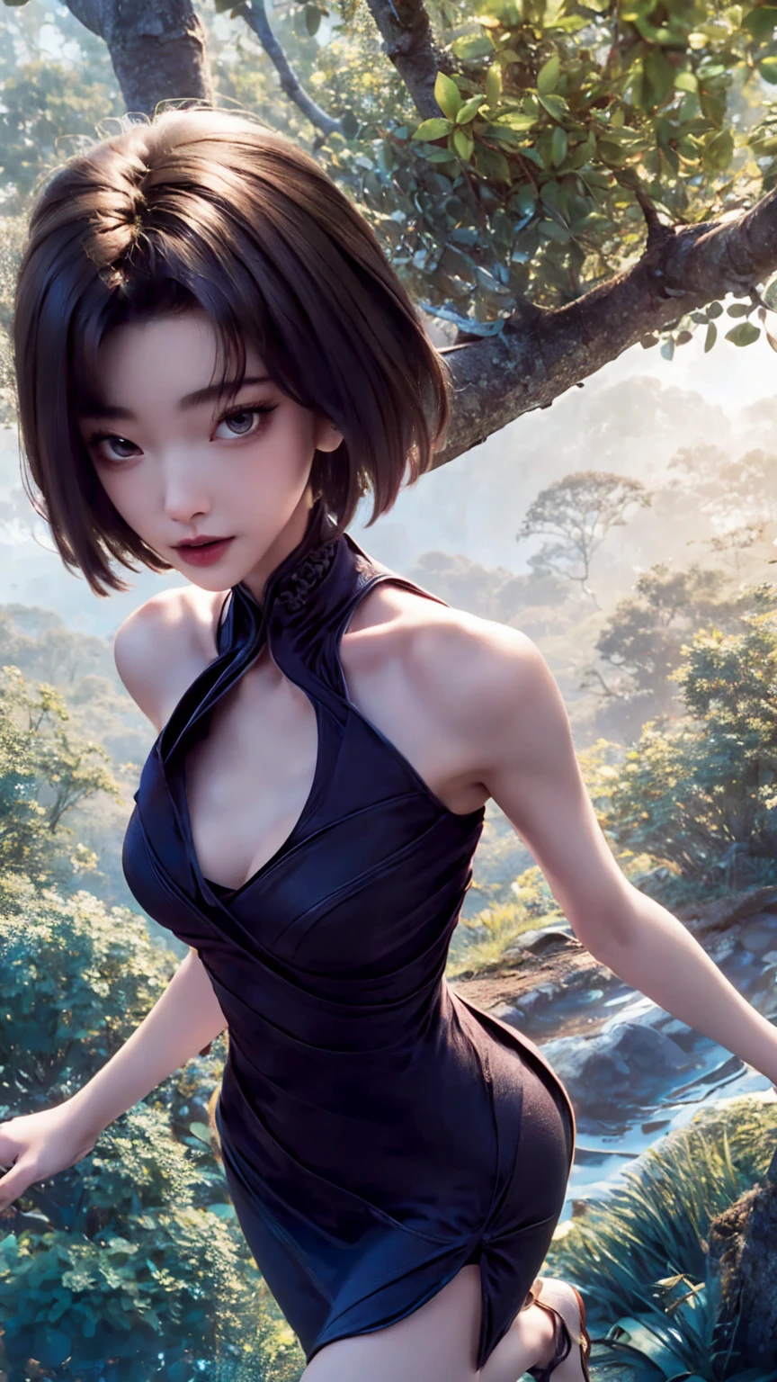 short hair, thin build, beautiful face,beautiful body, breasts, waist , top view, against the background, trees, and forest ,beautiful figure, perfect body, legs, tight dress ,detail, beautiful eyes, hair in the wind