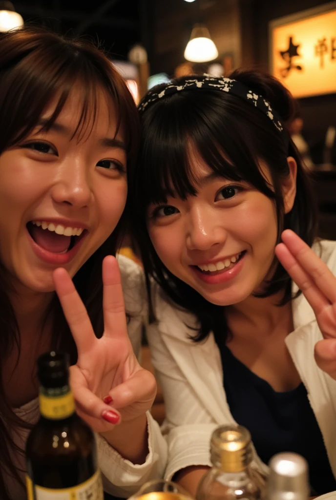  A self-taken photo of two cute Japanese girls in close contact, happily showing their teeth, and looking at us while signing V signs with a big grin and big smiles、Sake bottles are scattered on the table inside the dark hostess bar and the 2 are illuminated by a flash 、 One has long hair, perfect bangs, and the other has short hair, black hair, and is wearing a cute hair band 、Realistic Skin、Ultra HD Photos、