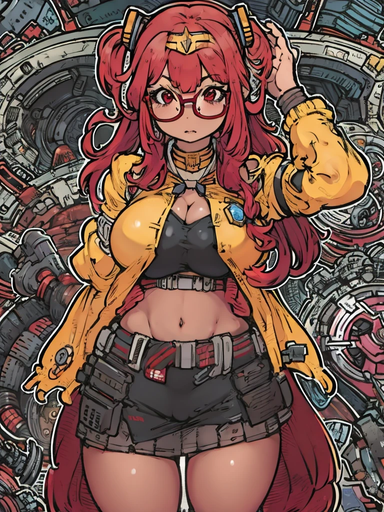 (house wife), (Cute), ((large round glasses)), (((dark skin))), ((Red Hair)), Very long hair, ((ponytail)), blunt bangs, hair ribbon, light red eyes, (((bondage))), gigantic breasts, large areolae, ((erect nipples)), (((mecha))), (clothed), Heavy Armor, miniskirt, yellow jacket, (bare shoulders), Collar, gigantic red bowtie, (sweat), (cyberpunk), (((full body))), outstretched arms, standing, chibi, 