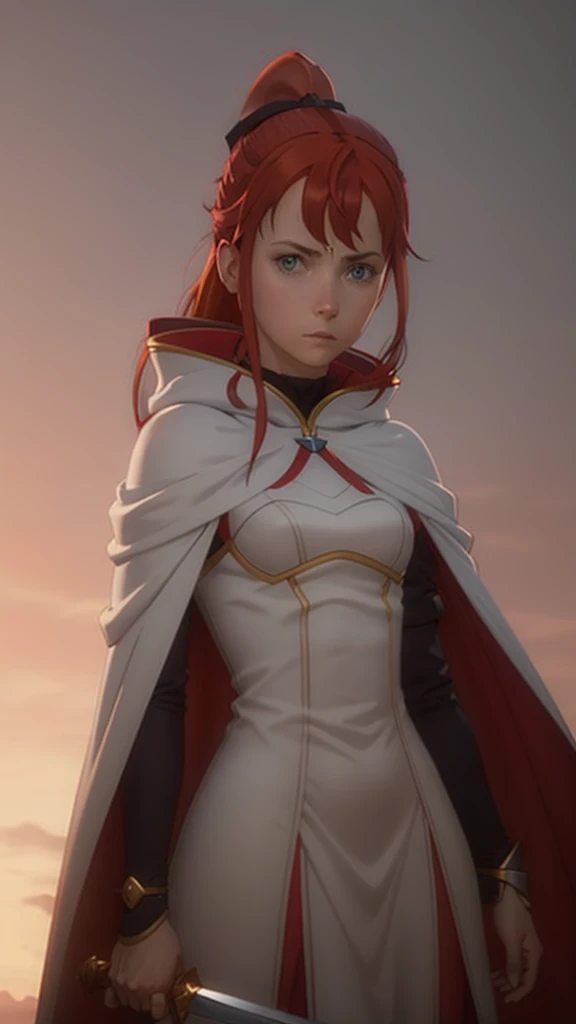 1girl, red hair, blue eyes, white cape, sword, ponytail 