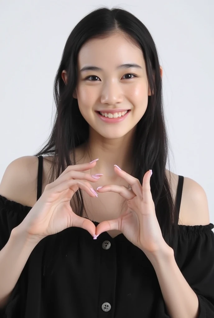 Only one woman with a cute smile is in a pose wearing off-shoulder pajamas, making a firm big heart shape with both hands, and holding them in front of her chest, View above collarbone、The background is a monotone 

