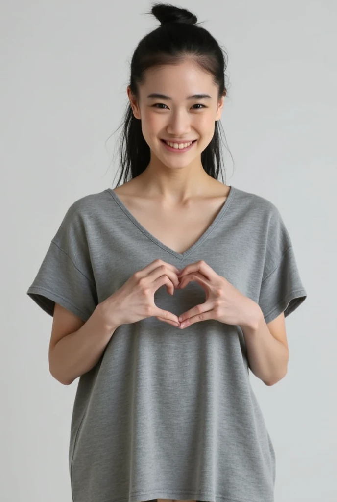 Only one woman with a cute smile is in a pose wearing off-shoulder pajamas, making a firm big heart shape with both hands, and holding them in front of her chest, View above collarbone、The background is a monotone 

