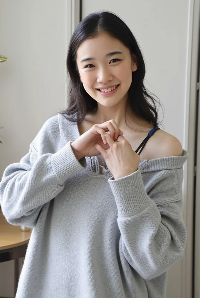 Only one woman with a cute smile is in a pose wearing off-shoulder pajamas, making a firm big heart shape with both hands, and holding them in front of her chest, View above collarbone、The background is a monotone 

