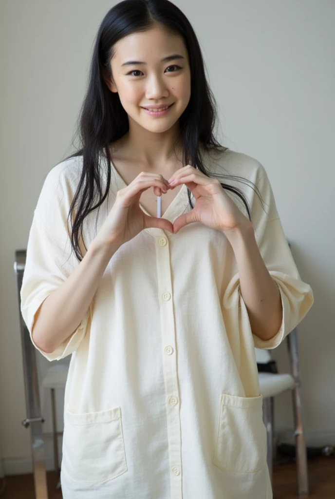 Only one woman with a cute smile is in a pose wearing off-shoulder pajamas, making a firm big heart shape with both hands, and holding them in front of her chest, View above collarbone、The background is a monotone 

