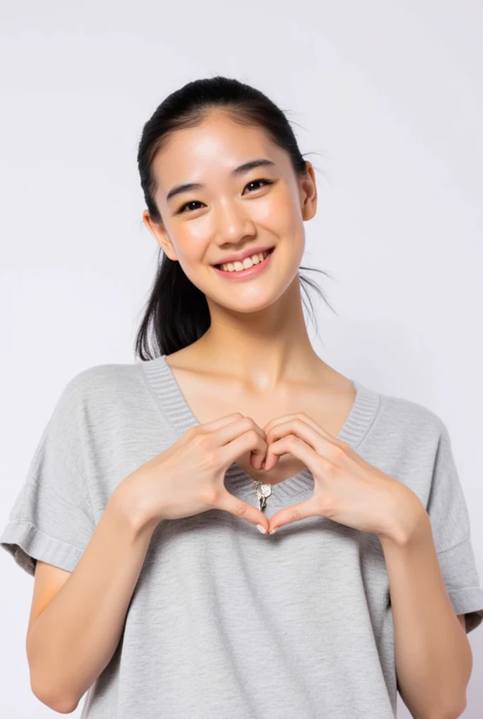 Only one woman with a cute smile is in a pose wearing off-shoulder pajamas, making a firm big heart shape with both hands, and holding them in front of her chest, View above collarbone、The background is a monotone 

