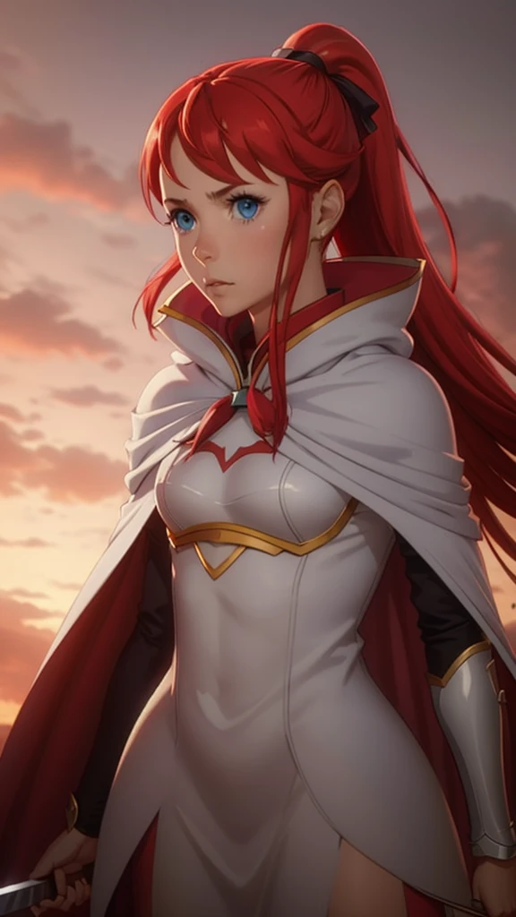 1girl, red hair, blue eyes, white cape, sword, ponytail 