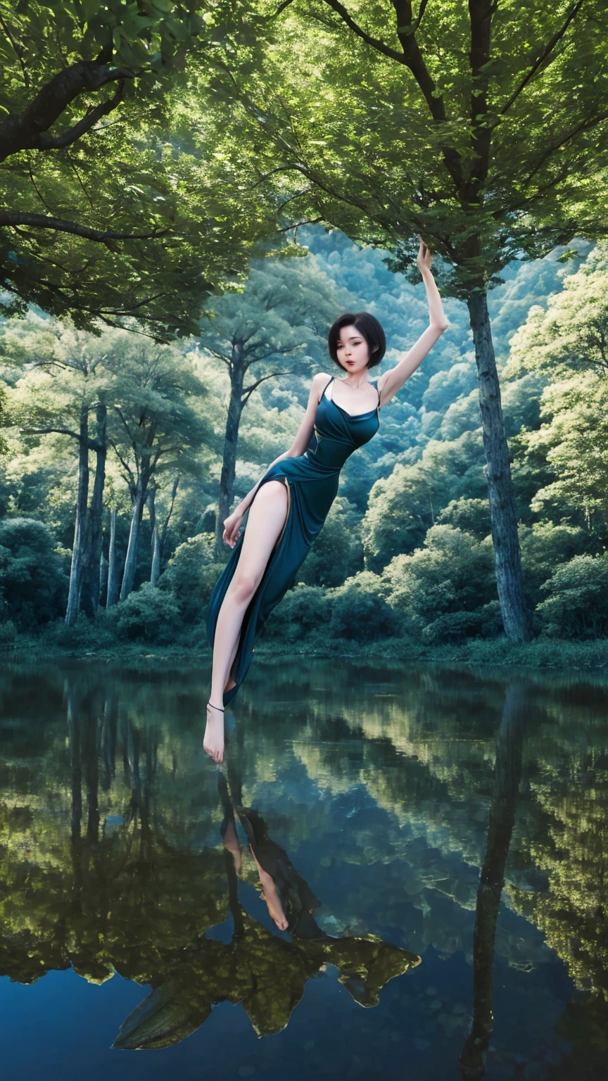 short hair, thin build, beautiful face,beautiful body, breasts, waist , top view, against the background, trees, and forest ,beautiful figure, perfect body, legs, tight dress ,detail, beautiful eyes, hair in the wind