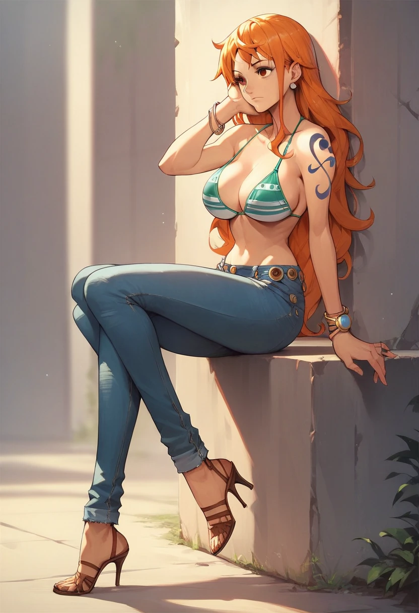 jewelry, swimsuit, bikini, earrings, pants, high heels, bracelet, denim, bikini top only, jeans, tattoo,
nami, long hair, orange hair, brown eyes,solo, 1girl, big breasts,