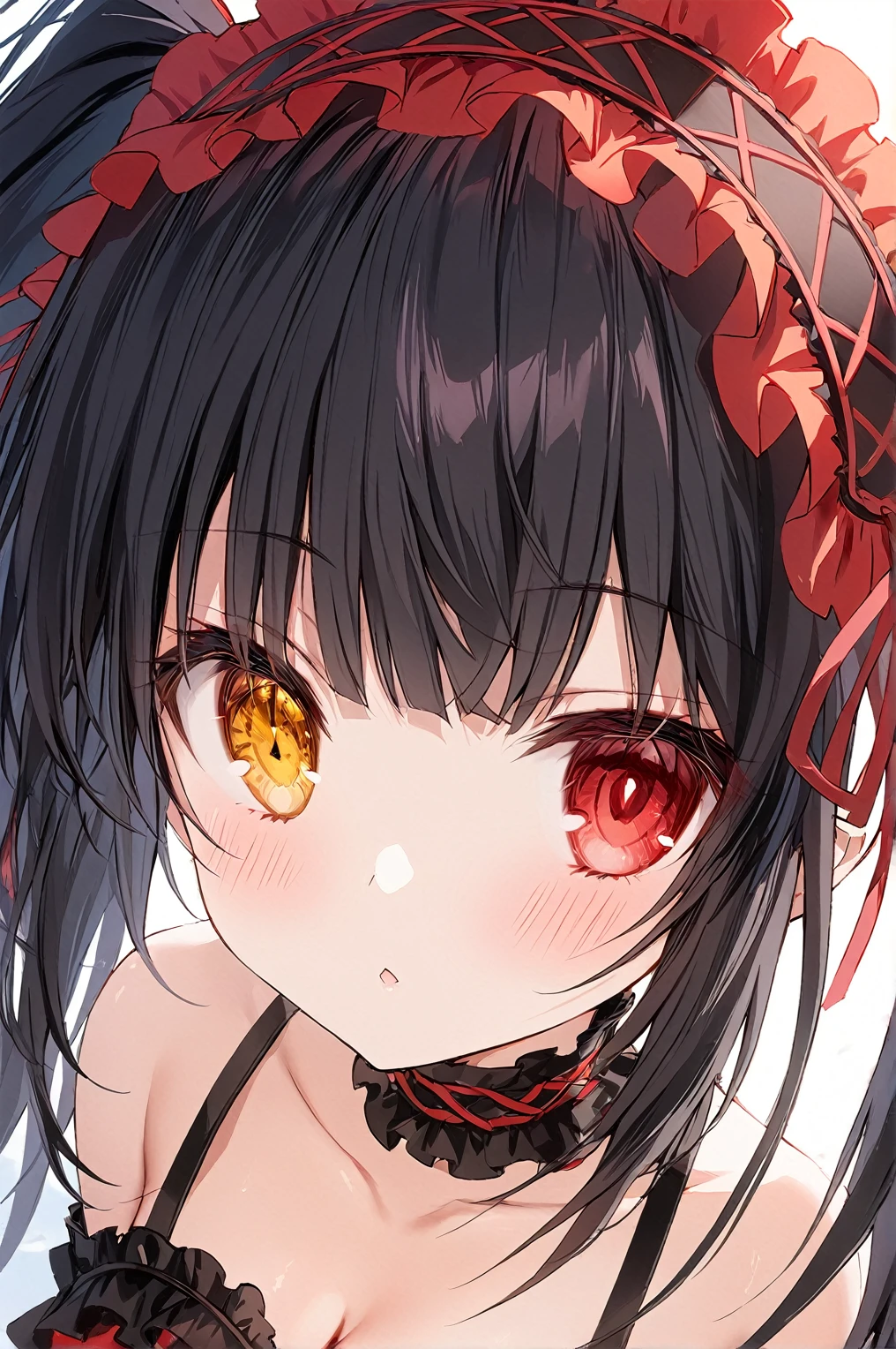 1girl,portrait,eye focus,tokisakikurumi,twintails,breasts,long_hair,black_hair,yellow_eyes,red_eyes,heterochromia,((clock_eyes)),looking_at_viewer,cleavage,medium_breasts,hairband,****ta_fashion,****ta_hairband,floating_hair,collarbone,choker,ribbon,bare_shoulders,red_ribbon, dress,masterpiece,best quality,detailed beautiful eye