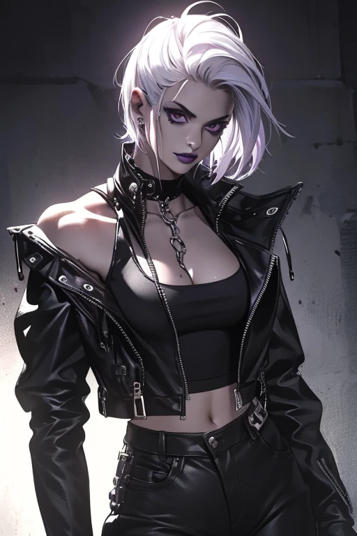 a punk girl, student, hooligan, short messy white hair, purple eyes, black punk clothes, punk, chains, black sleeveless top, baggy black pants, sadistic smile, aggressive, dark purple lipstick, thug, (best quality,4k,8k,highres,masterpiece:1.2),ultra-detailed,(realistic,photorealistic,photo-realistic:1.37),cinematic lighting,dramatic shadows,gothic,dark fantasy,moody,dramatic, leather jacket hanging from the shoulders pumped up muscles