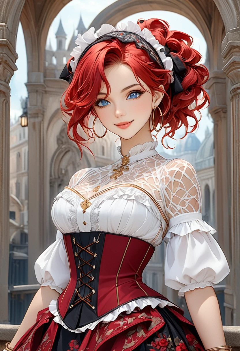 In the image, we see a young woman with vibrant red hair styled in loose waves, partially pinned up with a white, ruffled headband that gives her a classic, almost fantasy-inspired look. Her attire is a corset-style dress, intricately designed with floral and Rococo-inspired patterns, primarily in deep reds and black, adorned with gold and floral accents. The corset cinches her waist, emphasizing her figure, and is paired with a layered, flowing skirt. She wears gold hoop earrings and bracelets, adding to her elegant appearance.

Her expression is warm and inviting, with large, detailed blue eyes that exude a sense of charm and allure. Her lips are curved in a friendly, engaging smile, and her gaze is directed at the viewer, creating a sense of connection. The setting behind her hints at a European, possibly Renaissance or Baroque-inspired architectural backdrop with grand arches and muted colors, adding to the sense of a historical or fantasy theme.

Would you like me to generate a similar character with these elements in a fantasy setting? Let me know if there are specific details you’d like emphasized or adjusted.